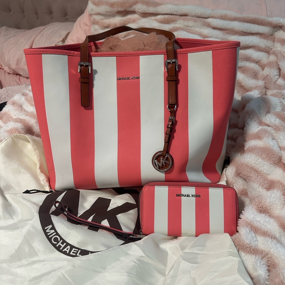 Michael Kors Coral and White Striped Tote Set